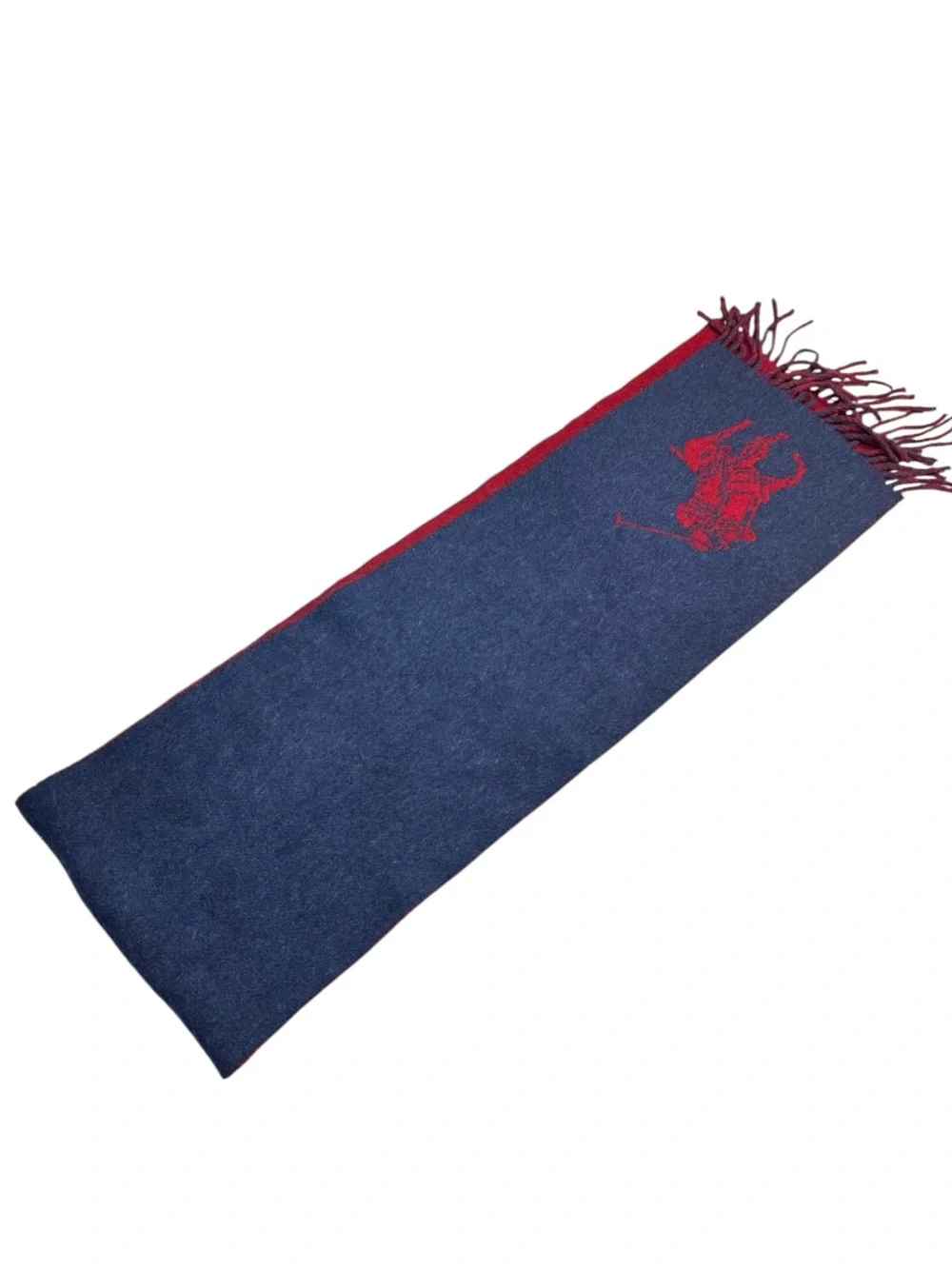 Vintage Polo Ralph Lauren Giant Pony Red Blue Wool Blend Fringe Scarf Italy 70